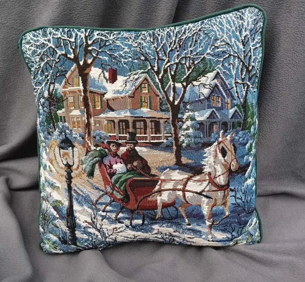 Vintage Christmas Tapestry Sleighing Scene Pillow 12x12 Green Holiday Decor